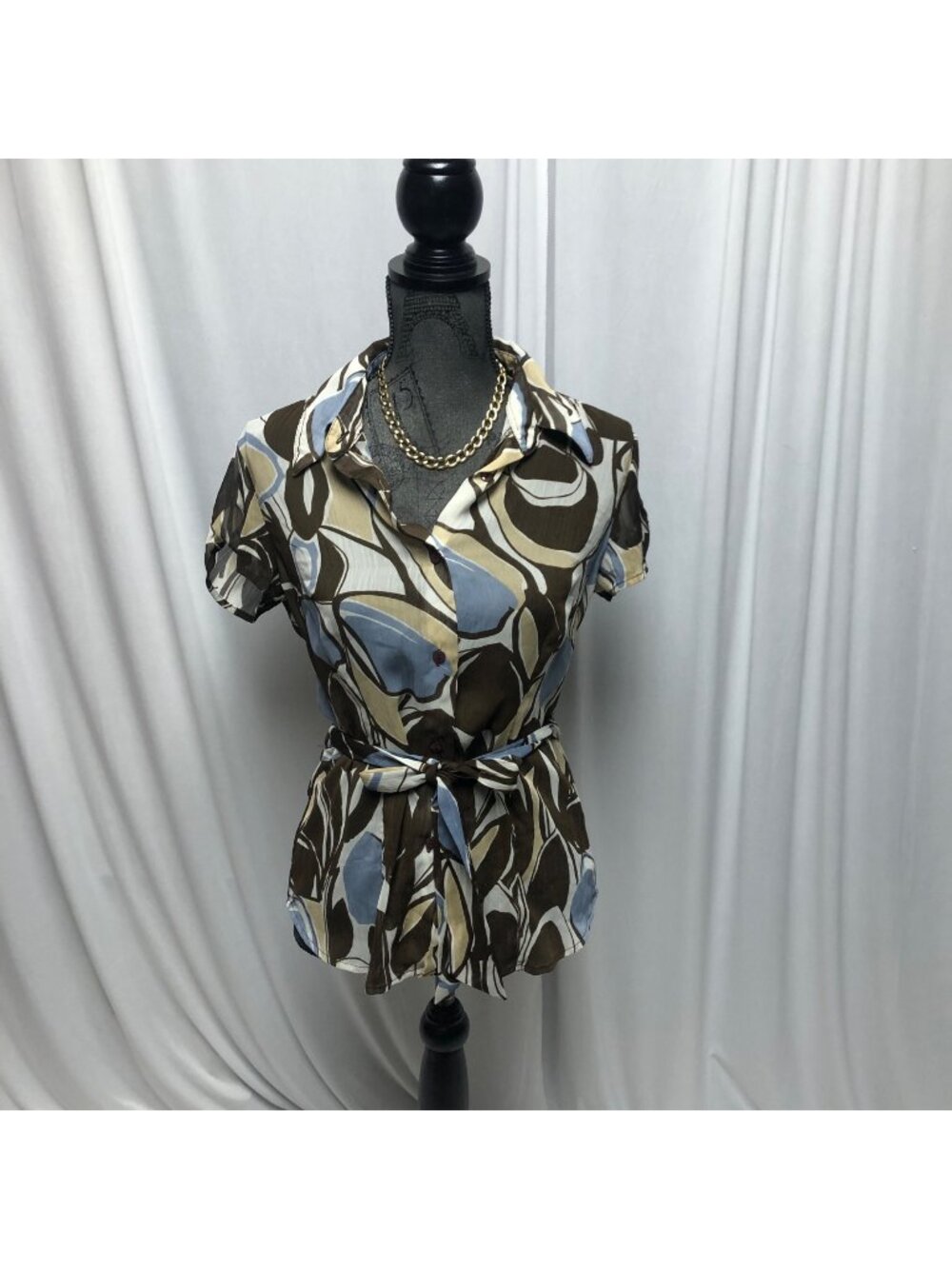 Studio 1940 Top Womens Size Small Brown Blue Sheer Short Sleeve Belted Blouse